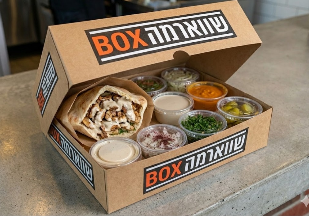 קופסת שווארמה של ShawarmaBox עם פיתה ותוספות